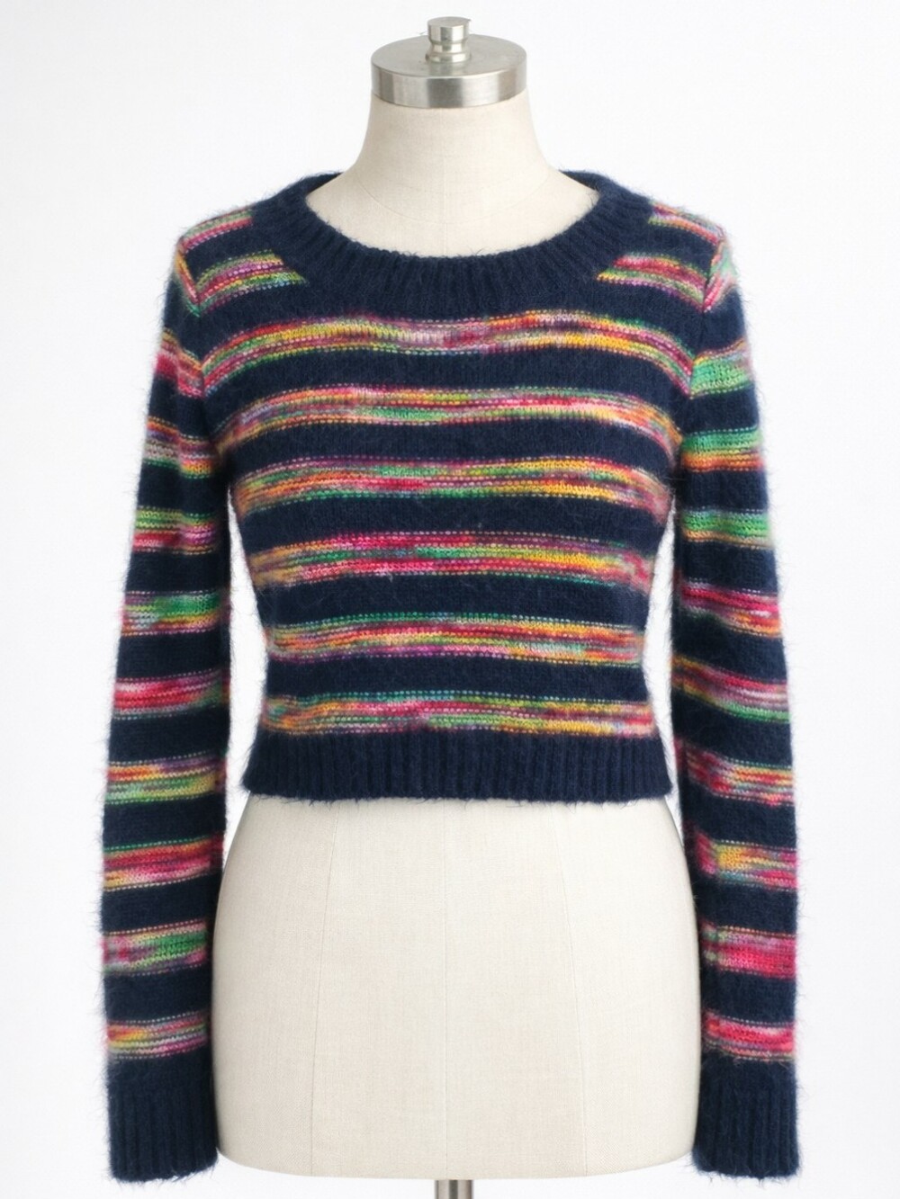 Vintage 90s Y2K Fuzzy Space Dye Cropped Striped Sweater Navy Blue Multicolor S
